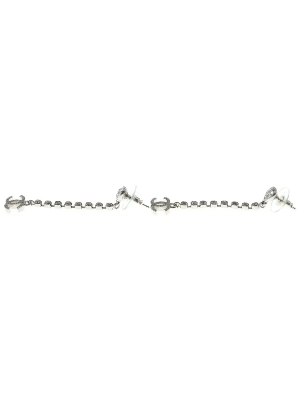 Chanel CC Logo Heart Rhinestone Drop Earrings Silver